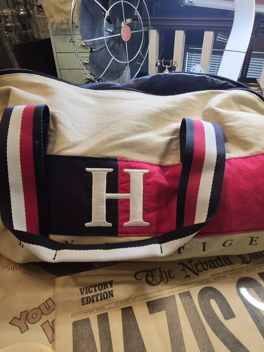Tommy Hilfiger Beige Canvas Travel Tote with Red & Navy Accent